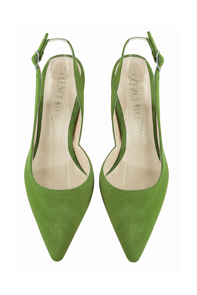 Grass green women's slingback shoes. Pointed toe. Medium flare heels. Top view - Florence KOOIJMAN